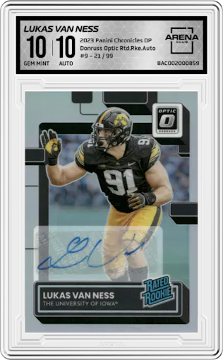 Lukas Van Ness from the 2023 Panini Chronicles Draft Picks set graded by Arena Club and given an overall grade of 10.