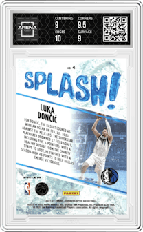 Luka Doncic from the 2021-22 Panini Donruss Optic set featuring a Holo parallel graded by Arena Club and given an overall grade of 9.5.