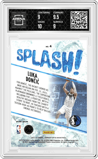 Luka Doncic from the 2021-22 Panini Donruss Optic set featuring a Holo parallel graded by Arena Club and given an overall grade of 9.5.