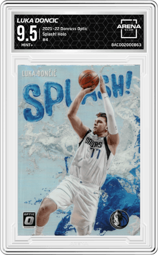Luka Doncic from the 2021-22 Panini Donruss Optic set featuring a Holo parallel graded by Arena Club and given an overall grade of 9.5.