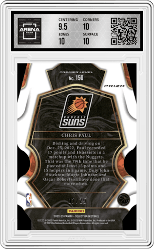 Chris Paul from the 2022-23 Panini Select set featuring a Die-Cut Tie-Dye parallel graded by Arena Club and given an overall grade of 10.