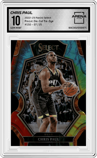 Chris Paul from the 2022-23 Panini Select set featuring a Die-Cut Tie-Dye parallel graded by Arena Club and given an overall grade of 10.
