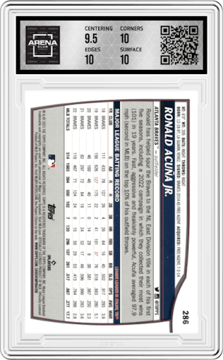 Ronald Acuna Jr. from the 2023 Topps Big League set graded by Arena Club and given an overall grade of 10.