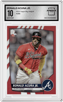 Ronald Acuna Jr. from the 2023 Topps Big League set graded by Arena Club and given an overall grade of 10.