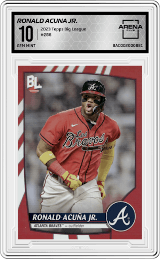 Ronald Acuna Jr. from the 2023 Topps Big League set graded by Arena Club and given an overall grade of 10.