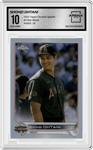 Shohei Ohtani from the 2022 Topps Chrome Update set graded by Arena Club and given an overall grade of 10.