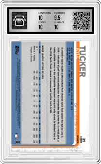 Kyle Tucker from the 2019 Topps Chrome set featuring a Refractor parallel graded by Arena Club and given an overall grade of 10.