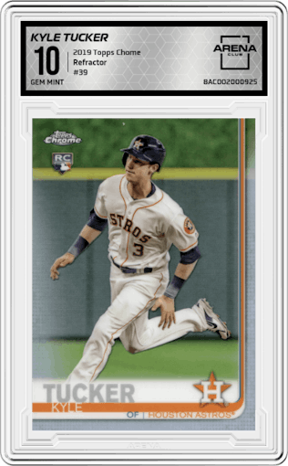 Kyle Tucker from the 2019 Topps Chrome set featuring a Refractor parallel graded by Arena Club and given an overall grade of 10.