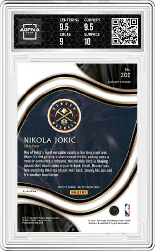 Nikola Jokic from the 2020-21 Panini Select  set featuring a Red White Orange Shimmer parallel graded by Arena Club and given an overall grade of 9.5.