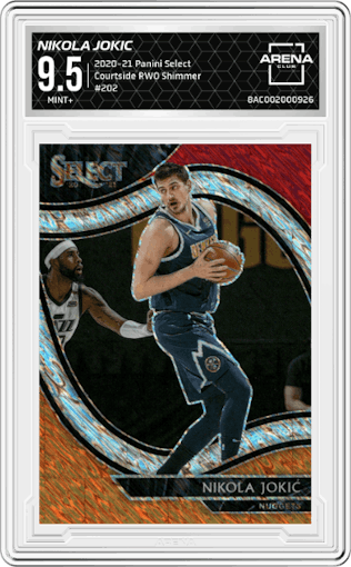 Nikola Jokic from the 2020-21 Panini Select  set featuring a Red White Orange Shimmer parallel graded by Arena Club and given an overall grade of 9.5.