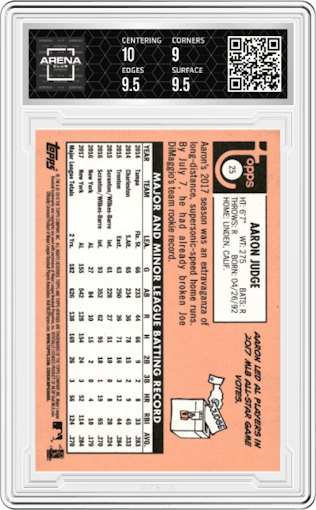 Aaron Judge from the 2018 Topps Heritage set graded by Arena Club and given an overall grade of 9.5.