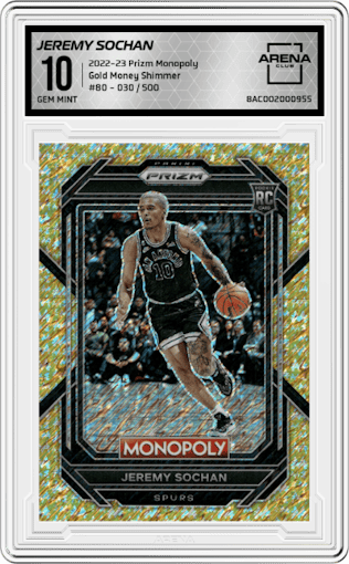Jeremy Sochan from the 2022-23 Panini Prizm Monopoly set featuring a Gold Money Shimmer parallel graded by Arena Club and given an overall grade of 10.