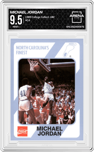 Michael Jordan from the 1989 Collegiate Collection North Carolina's Finest set graded by Arena Club and given an overall grade of 9.5.
