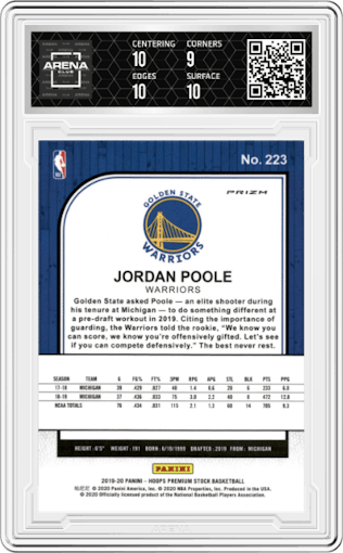 Jordan Poole from the 2019-20 Panini Hoops Premium Stock set featuring a Silver parallel graded by Arena Club and given an overall grade of 9.5.