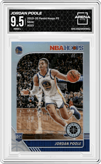 Jordan Poole from the 2019-20 Panini Hoops Premium Stock set featuring a Silver parallel graded by Arena Club and given an overall grade of 9.5.