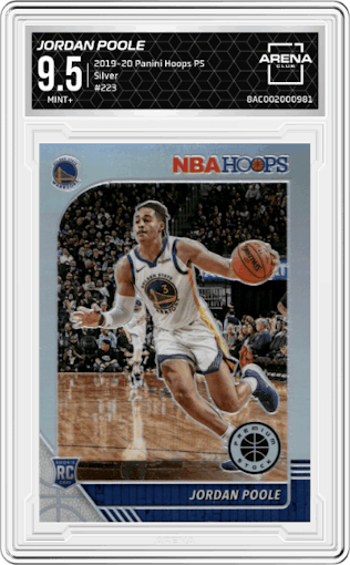 Jordan Poole from the 2019-20 Panini Hoops Premium Stock set featuring a Silver parallel graded by Arena Club and given an overall grade of 9.5.