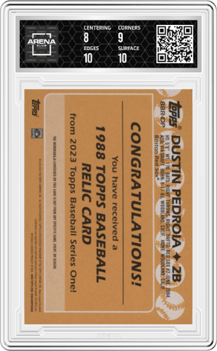 Dustin Pedroia from the 2023 Topps Series 1 set graded by Arena Club and given an overall grade of 8.5.