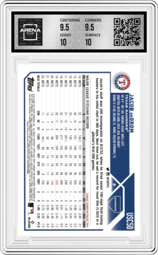 Jacob deGrom from the 2023 Topps Chrome Update set graded by Arena Club and given an overall grade of 10.