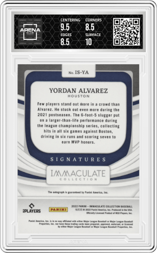 Yordan Alvarez from the 2022 Panini Immaculate Collection set graded by Arena Club and given an overall grade of 9.