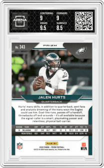 Jalen Hurts from the 2020 Panini Prizm set featuring a Lazer parallel graded by Arena Club and given an overall grade of 9.