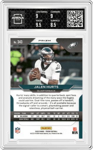 Jalen Hurts from the 2020 Panini Prizm set featuring a Lazer parallel graded by Arena Club and given an overall grade of 9.