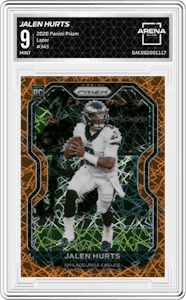Jalen Hurts from the 2020 Panini Prizm set featuring a Lazer parallel graded by Arena Club and given an overall grade of 9.