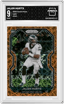 Jalen Hurts from the 2020 Panini Prizm set featuring a Lazer parallel graded by Arena Club and given an overall grade of 9.