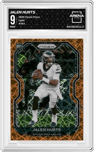 Jalen Hurts from the 2020 Panini Prizm set featuring a Lazer parallel graded by Arena Club and given an overall grade of 9.