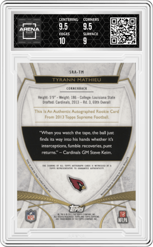 Tyrann Mathieu from the 2013 Topps Supreme set featuring a Violet parallel graded by Arena Club and given an overall grade of 9.5.