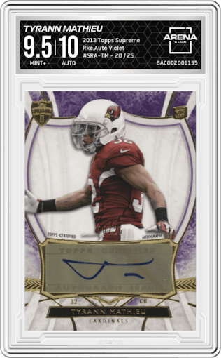 Tyrann Mathieu from the 2013 Topps Supreme set featuring a Violet parallel graded by Arena Club and given an overall grade of 9.5.