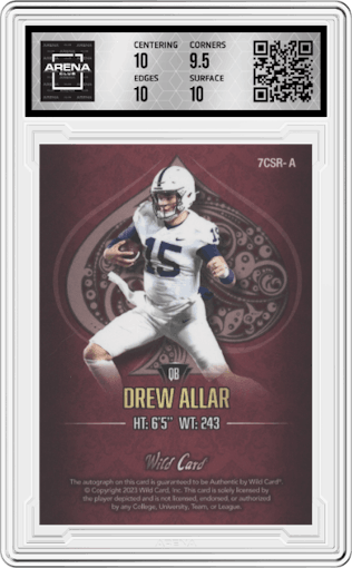 Drew Allar from the 2023 Wild Card Seven Card Studs  set featuring a Heart parallel graded by Arena Club and given an overall grade of 10.