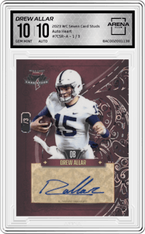 Drew Allar from the 2023 Wild Card Seven Card Studs  set featuring a Heart parallel graded by Arena Club and given an overall grade of 10.