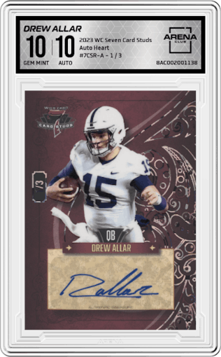 Drew Allar from the 2023 Wild Card Seven Card Studs  set featuring a Heart parallel graded by Arena Club and given an overall grade of 10.