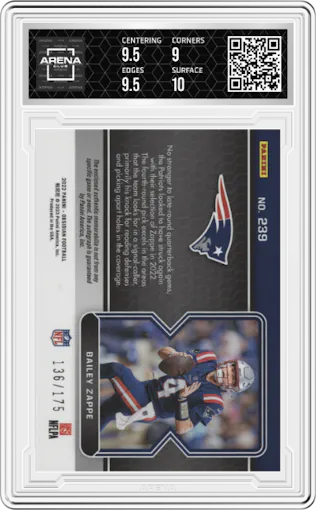 Bailey Zappe from the 2022 Panini Obsidian set graded by Arena Club and given an overall grade of 9.5.