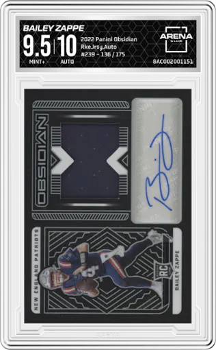 Bailey Zappe from the 2022 Panini Obsidian set graded by Arena Club and given an overall grade of 9.5.