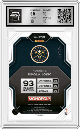 Nikola Jokic from the 2022-23 Panini Prizm Monopoly set featuring a Orange Prizm parallel graded by Arena Club and given an overall grade of 10.