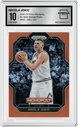 Nikola Jokic from the 2022-23 Panini Prizm Monopoly set featuring a Orange Prizm parallel graded by Arena Club and given an overall grade of 10.