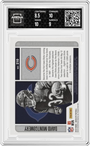 David Montgomery from the 2019 Panini Absolute set featuring a Spectrum parallel graded by Arena Club and given an overall grade of 9.