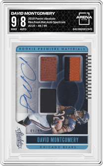 David Montgomery from the 2019 Panini Absolute set featuring a Spectrum parallel graded by Arena Club and given an overall grade of 9.