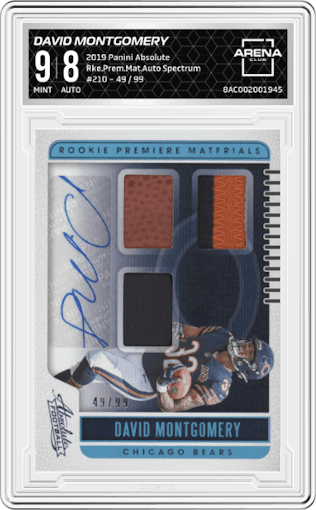 David Montgomery from the 2019 Panini Absolute set featuring a Spectrum parallel graded by Arena Club and given an overall grade of 9.