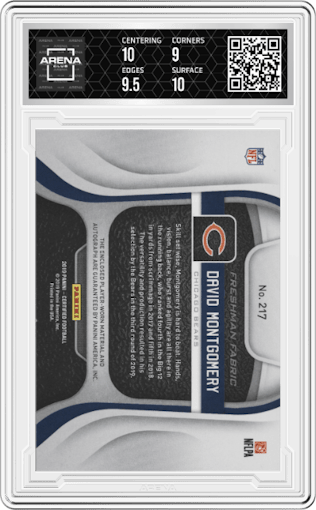 David Montgomery from the 2019 Panini Certified set featuring a Mirror Orange parallel graded by Arena Club and given an overall grade of 9.5.