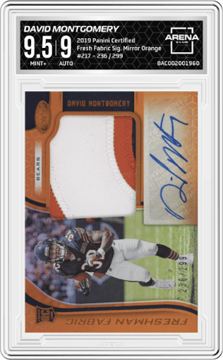 David Montgomery from the 2019 Panini Certified set featuring a Mirror Orange parallel graded by Arena Club and given an overall grade of 9.5.