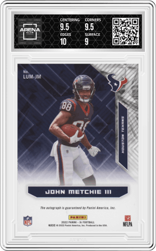 John Metchie III from the 2022 Panini XR set featuring a Gold parallel graded by Arena Club and given an overall grade of 9.5.
