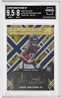 John Metchie III from the 2022 Panini XR set featuring a Gold parallel graded by Arena Club and given an overall grade of 9.5.