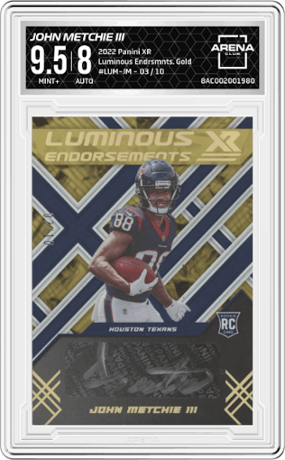 John Metchie III from the 2022 Panini XR set featuring a Gold parallel graded by Arena Club and given an overall grade of 9.5.