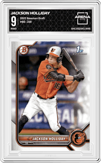 Jackson Holliday from the 2022 Bowman Draft set graded by Arena Club and given an overall grade of 9.