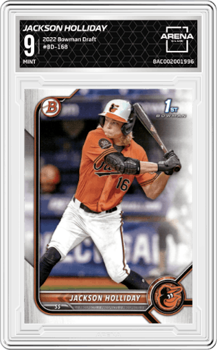 Jackson Holliday from the 2022 Bowman Draft set graded by Arena Club and given an overall grade of 9.