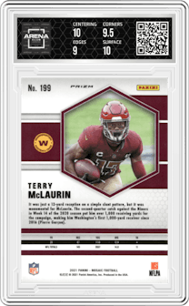 Terry McLaurin from the 2021 Panini Mosaic set featuring a Green Mosaic parallel graded by Arena Club and given an overall grade of 9.5.