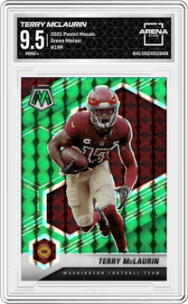 Terry McLaurin from the 2021 Panini Mosaic set featuring a Green Mosaic parallel graded by Arena Club and given an overall grade of 9.5.