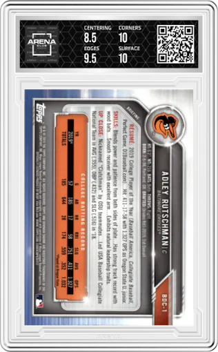 Adley Rutschman from the 2019 Bowman Draft set graded by Arena Club and given an overall grade of 9.